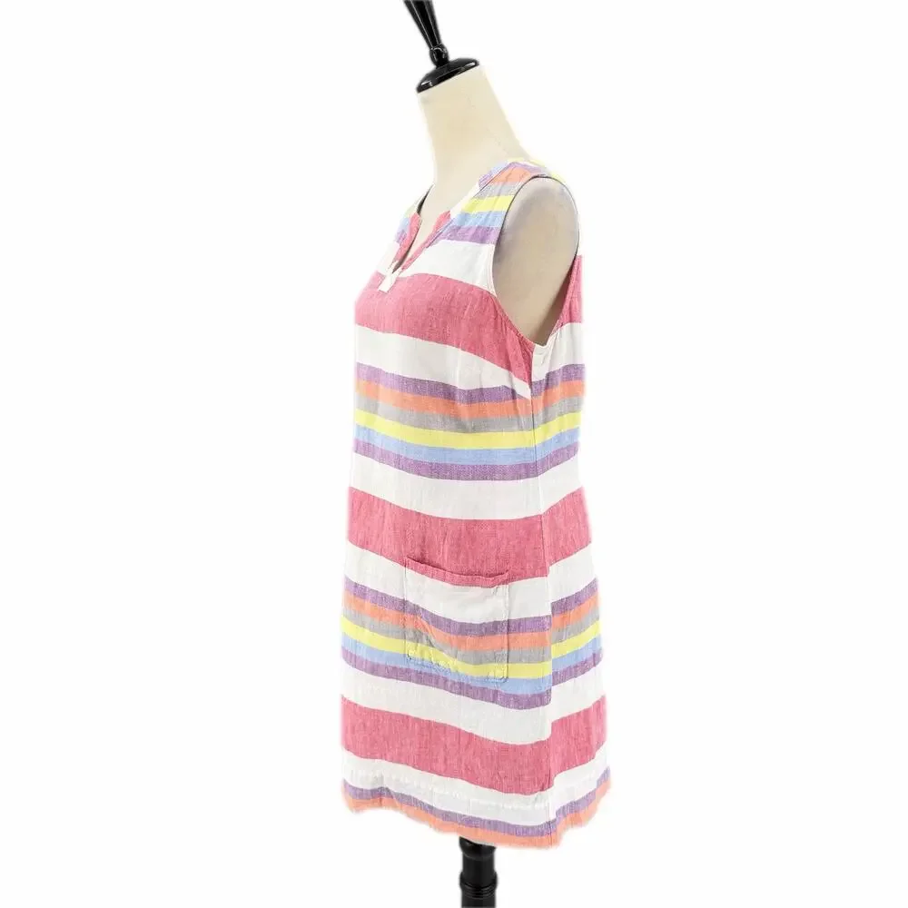 Boden White Multi Color Striped 100% Linen V-neck Sleeveless Shift Summer Dress
